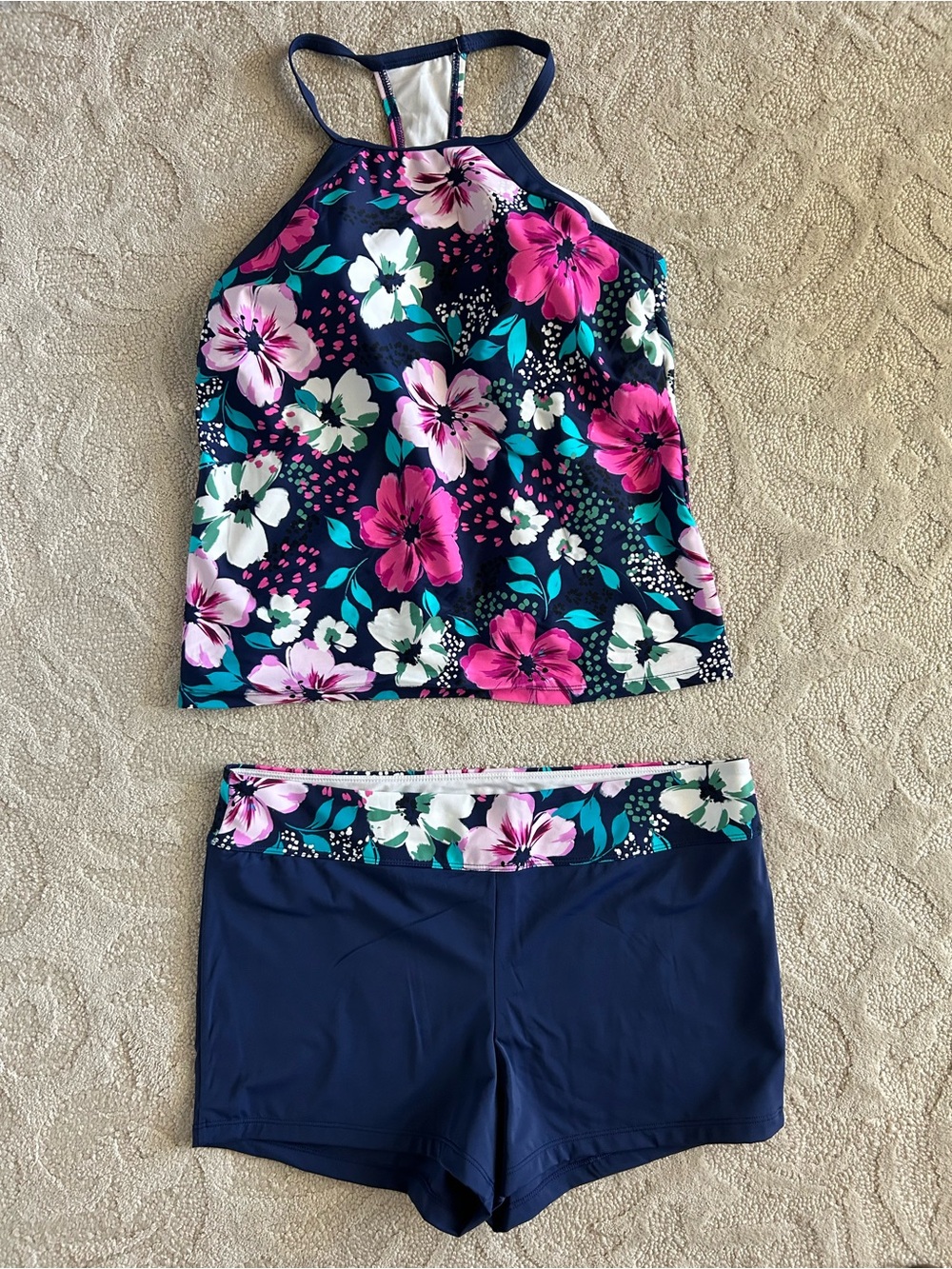 South Point Tankini 2 Piece Swimsuit Women's Size Plus 18W Floral Navy Blue